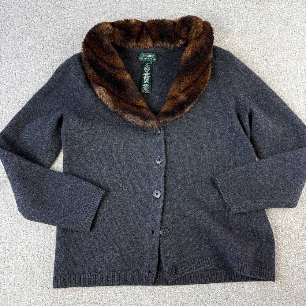 Lauren Ralph Lauren Cardigan Women L Gray Faux Fur Collar Merino Angora Blend